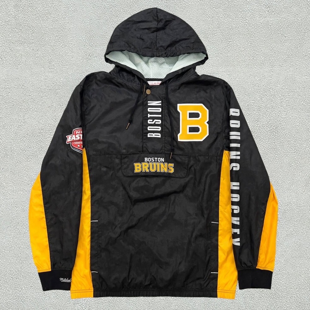 Mitchell & Ness Boston Bruins Anorak Hoodie Half Zip Windbreaker NHL Mens M